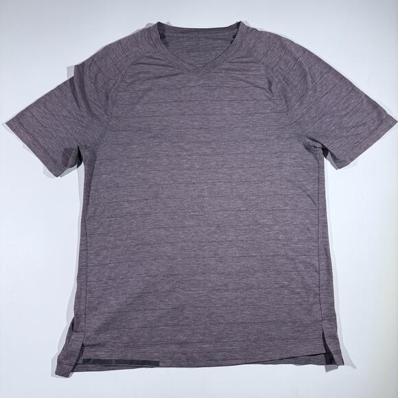 Lululemon Shirt Mens Medium Stripe V Neck Athletic Tee Lightweight Purple Gray - Picture 1 of 5